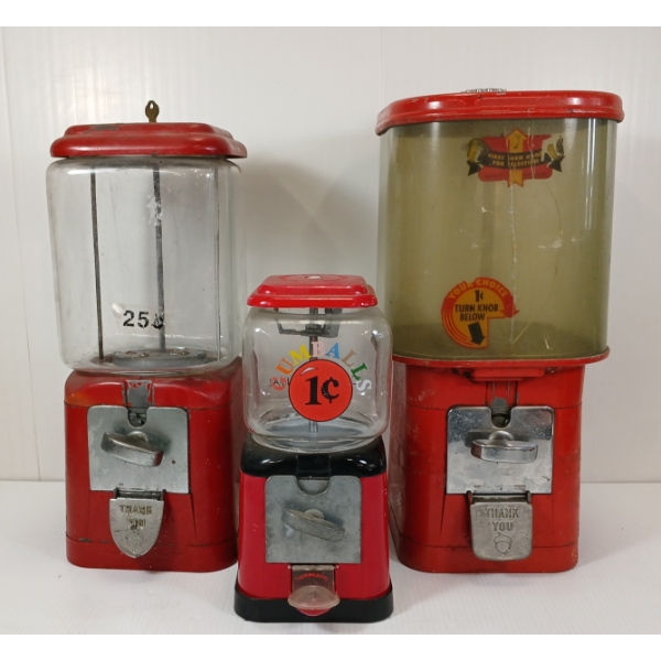 LOT OF 3 - CONTINENTAL & OAK 1 / 25 CENT COIN OP GUMBALL MACHINES