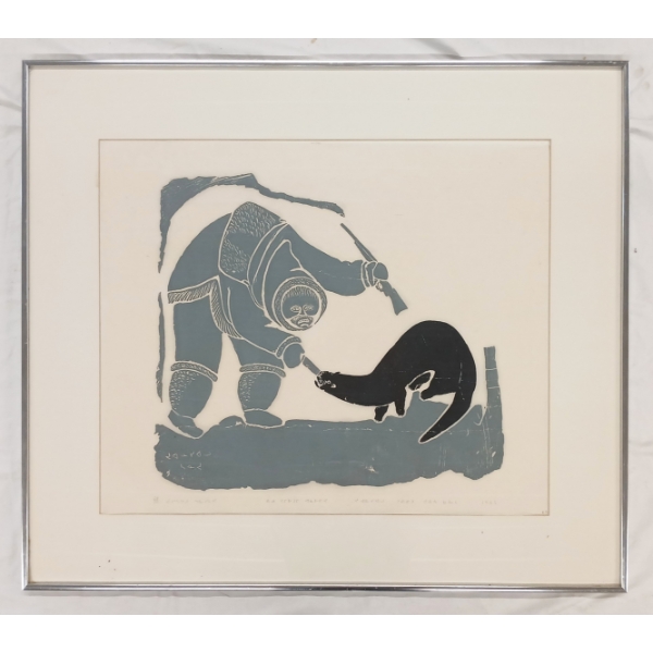 "UNTITLED: MAN & OTTER" BY JUANISIALUK IRQUMIA (1912 - 1977) - FRAMED STONECUT