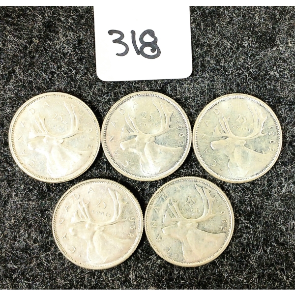 LOT OF 5 - 1962 CDN 25 CENT COINS 