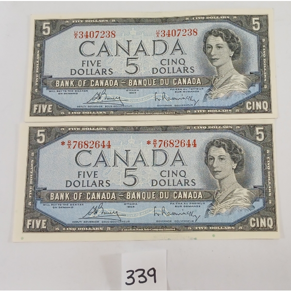 LOT OF 2 - 1954 CDN $5 BANKNOTES