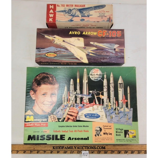 LOT OF 3 - MONOGRAM, AURORA & HAWK MODEL KITS - INCL MISSILE ARSENAL, AVRO ARROW & MISTER MULLIGAN