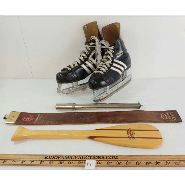LOT OF 4 - 1960s ADIDAS BLACK-PRO ICE SKATES, FEATHER BRAND TOY PADDLE, ETC