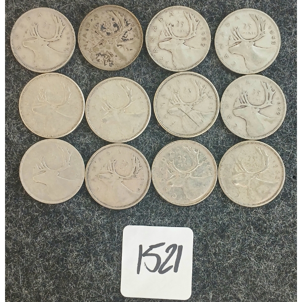 LOT OF 12 - 1942-1966 CDN 25 CENT COINS