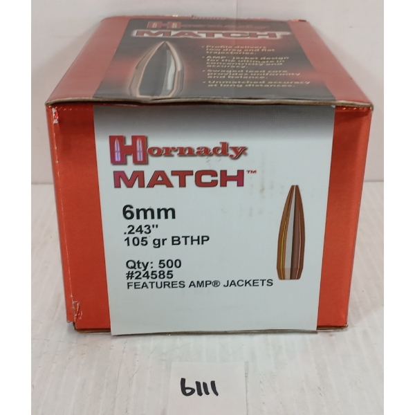 BULLETS: 500X HORNADY MATCH 6MM - 105GR - BTHP - SEALED