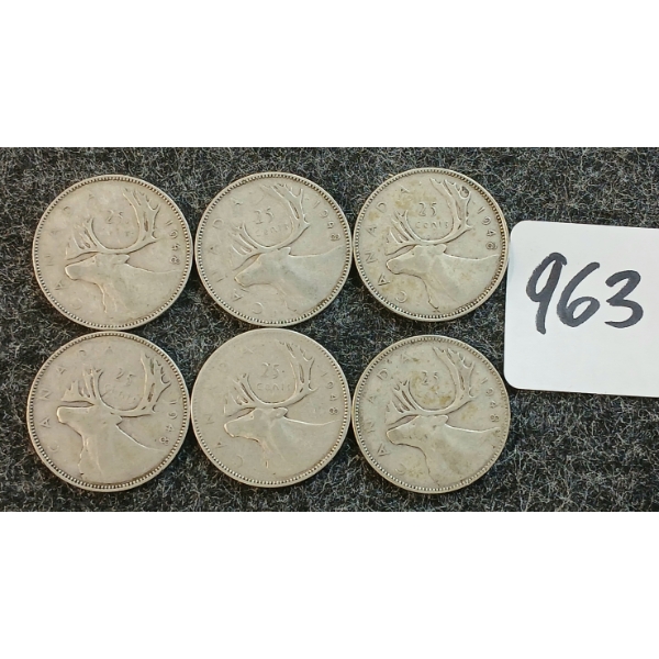 LOT OF 6 - 1948 CDN 25 CENT COINS
