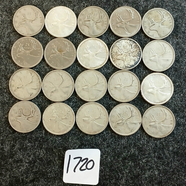 LOT OF 20 - 1942-1979 CDN 25 CENT COINS