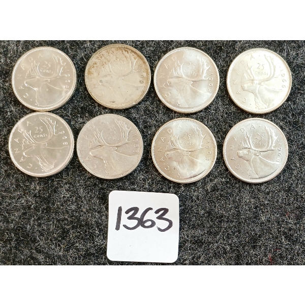 LOT OF 8 - 1953-1968 CDN 25 CENT COINS