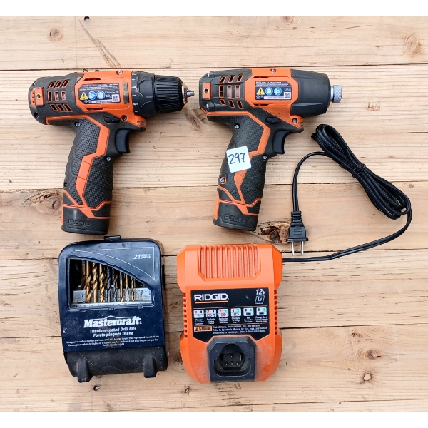 LOT OF 4 - RIDGID DRILL & IMPACT W/ CHARGER, MASTERCRAFT DRILL BITS