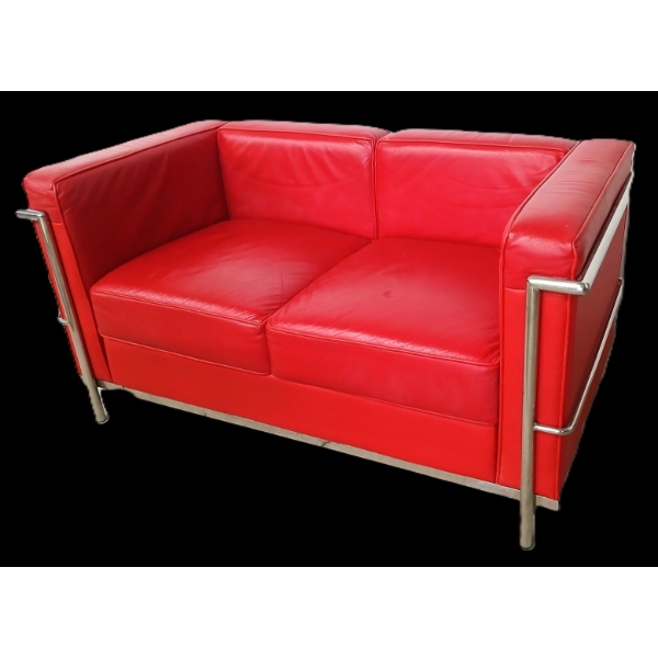 LEATHER LE CORBUSIER LC2 STYLE LOVESEAT SOFA - CIRCA 1970's