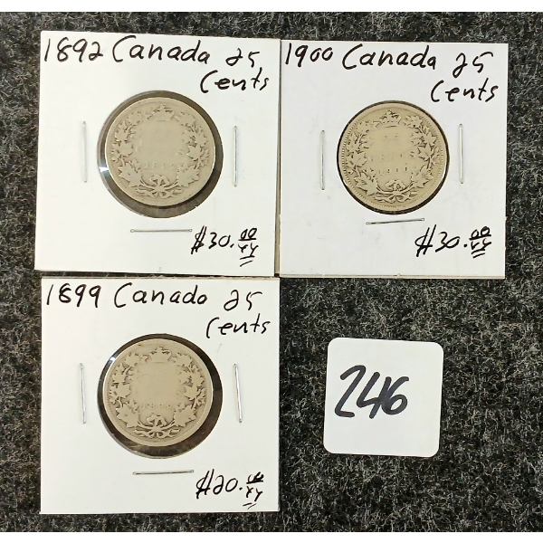 LOT OF 3 - 1892, 1899 & 1900 CDN 25 CENT SILVER COINS