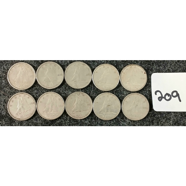 LOT OF 10 - 1951-1966 CDN 10 CENT COINS