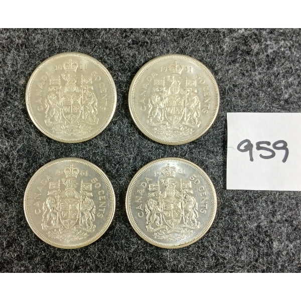 LOT OF 4 - 1961 CDN 50 CENT SILVER COINS