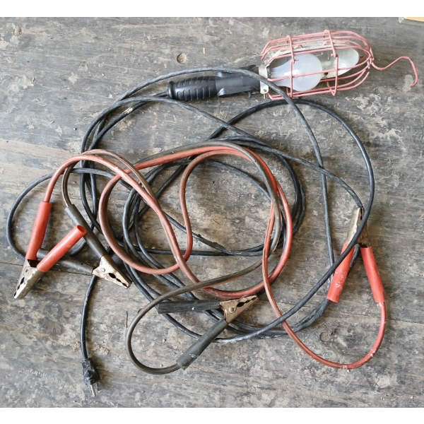 LOT OF 2 - BOOSTER CABLES AND TROUBLE LIGHT