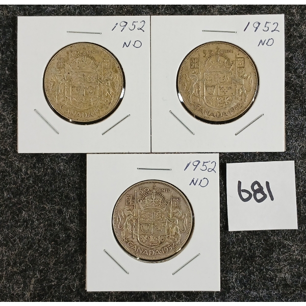 LOT OF 3 - 1952 50 CENT SILVER COINS