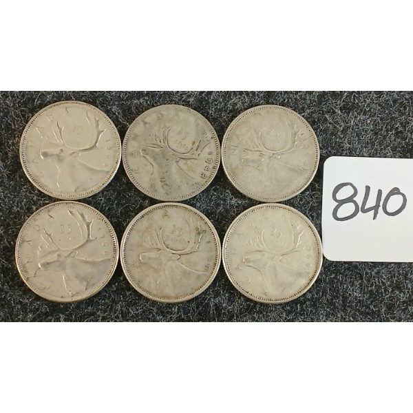 LOT OF 6 - 1943-1966 CDN 25 CENT COINS