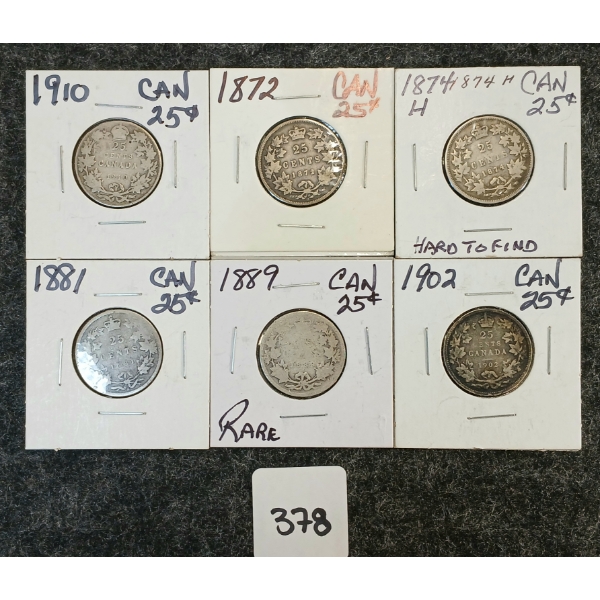 LOT OF 6 - 1872-1910 CDN 25 CENT COINS 