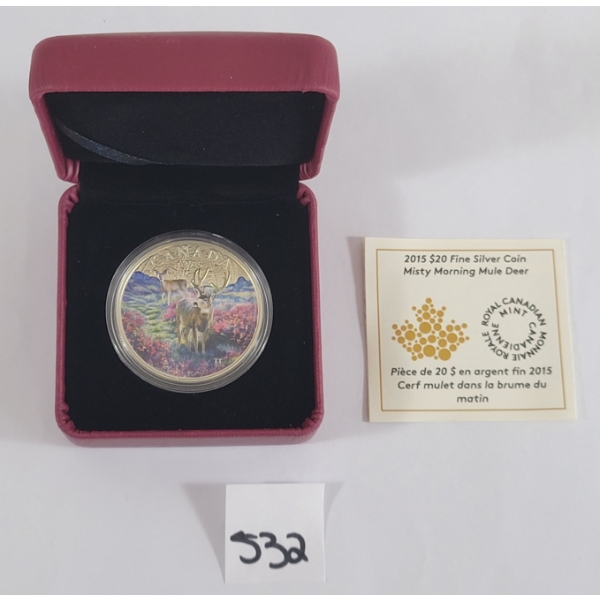 2015 RCM $20 SILVER COIN - MISTY MORNING MULE DEER