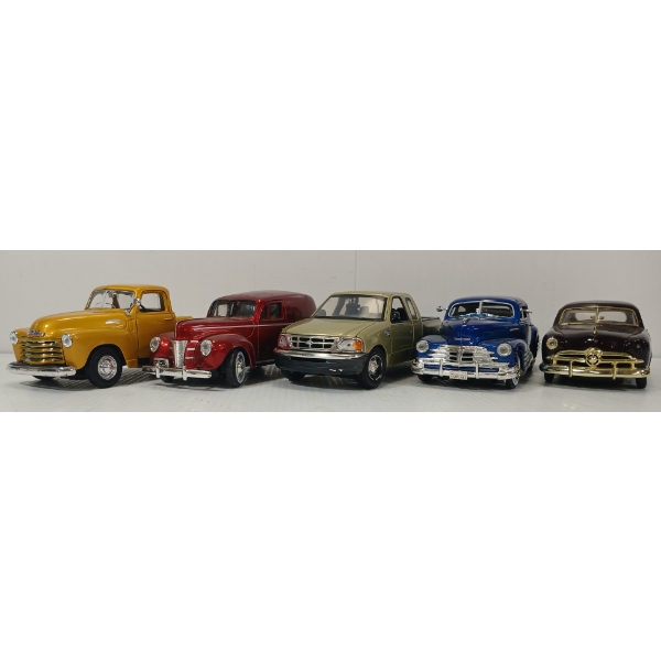 LOT OF 5 - MAISTO & MOTOR MAX DIECAST MODELS - INCL '48 CHEVROLET AEROSEDAN FLEETLINE, ETC