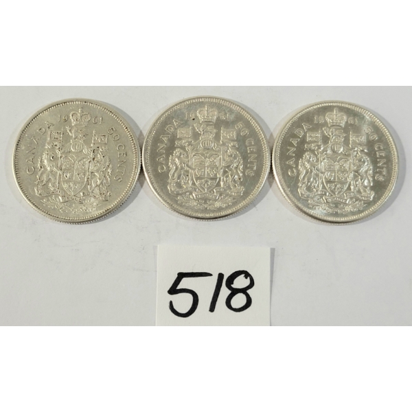 LOT OF 3 - 1961 CDN 50 CENT SILVER COINS
