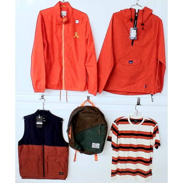 LOT OF 5 - MEN'S MEDIUM JACKETS, SHIRTS, PACK & VEST  - FT PENFIELD, POLER, WESC, ETC 