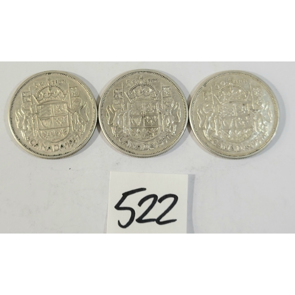 LOT OF 3 - 1957 CDN 50 CENT SILVER COINS