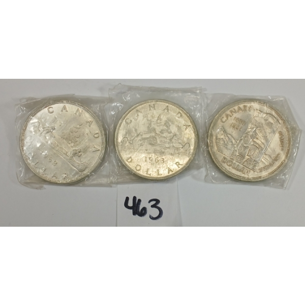 LOT OF 3 - CDN SILVER DOLLAR PCS - INCL 1958, '62 & '63