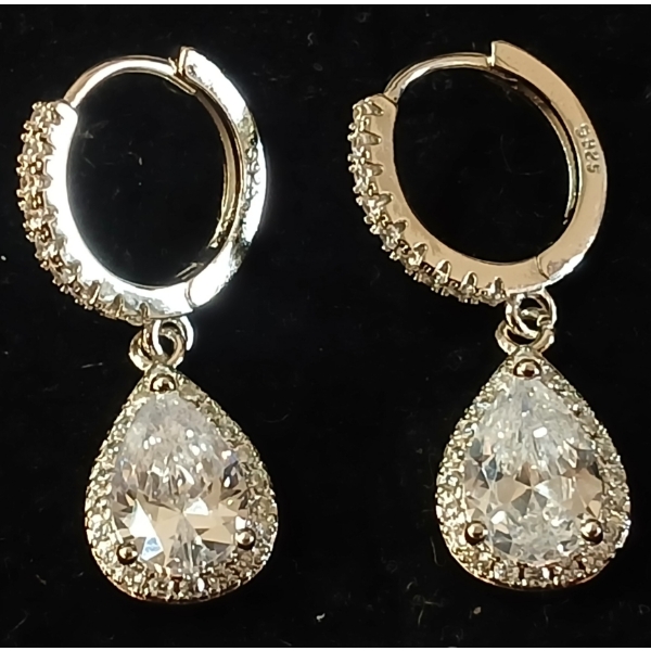 PAIR OF STERLING & CZ HALO DANGLE EARRINGS - PEAR CUT