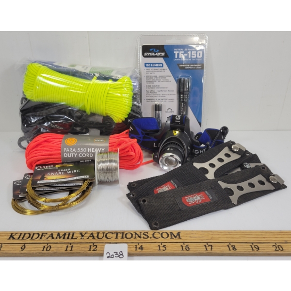 JOB LOT - PARACORD, THROWING KNIVES, SNARE WIRE, ETC 