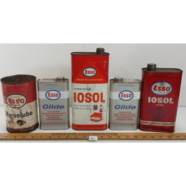 LOT OF 5 - ESSO IOSOL, GLIDE & MARVELUBE CANS - PINT, QT & 48 OZ