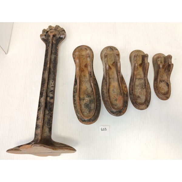 LOT OF 5 - 1900's FORGED IRON SHOEMAKER SET & COBBLER'S ANVIL 