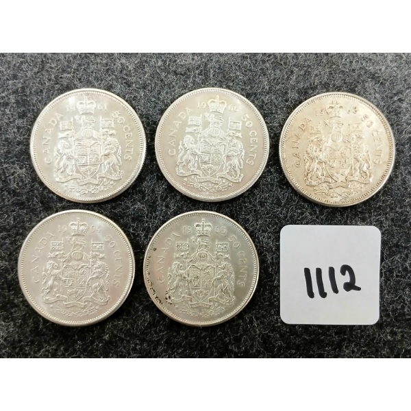 LOT OF 5 - 1961-1966 CDN SILVER 50 CENT COINS