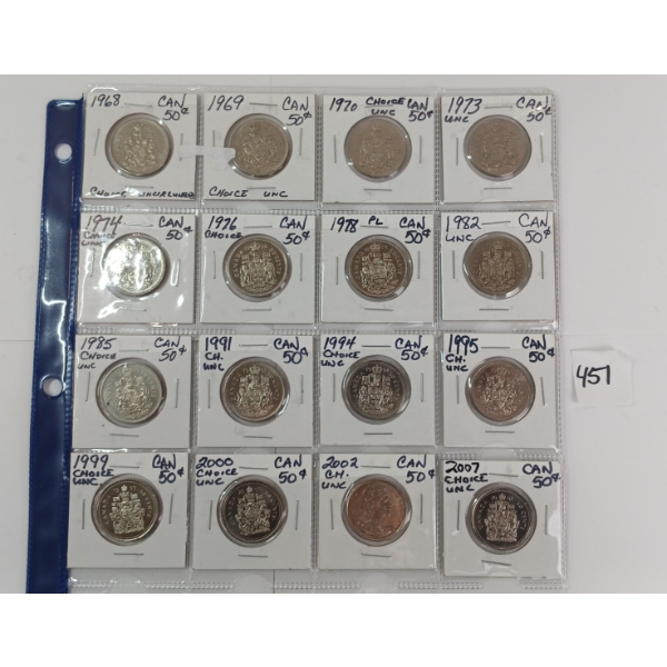 LOT OF 16 - 1968 - 2007 CDN 50 CENT COINS 