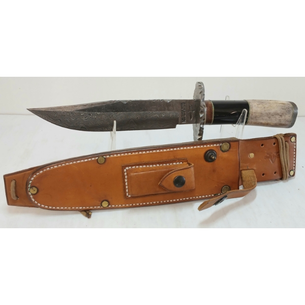 EMANUELE MADE DAMASCUS BOWIE KNIFE W/ LEATHER SHEATH