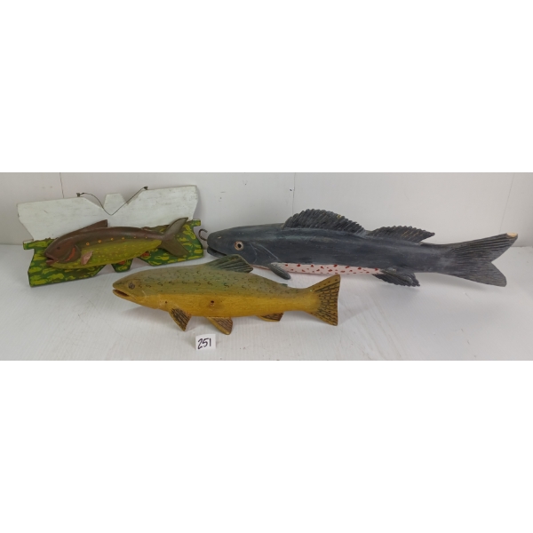 LOT OF 3 - FOLK ART WOOD FISH CARVINGS - WF COOK 1968