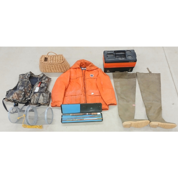 JOB LOT - FISHING ACCESSORIES - TACKLE BOX, TRAPS, NET, BOOTS, VEST, ETC