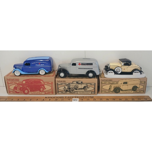 LOT OF 3 - ERTL 1930 FORD ROADSTER, 1936 FORD PANEL VAN & 1938 CHEVY PANEL TRUCK DIECAST MODELS