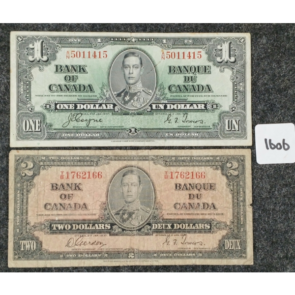 LOT OF 2 - 1937 CDN $1 & 2 BANKNOTES
