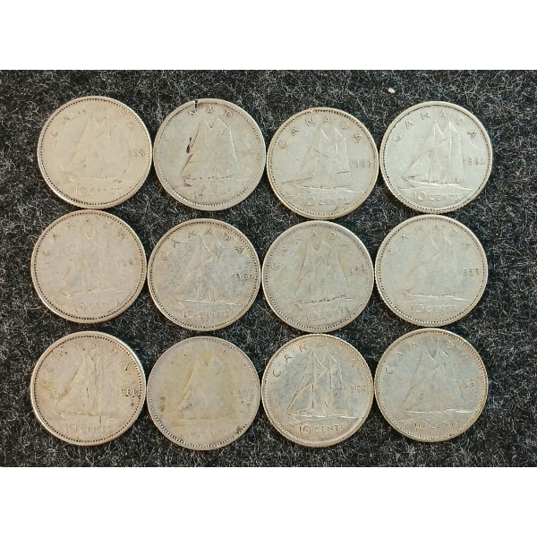 LOT OF 12 - 1947-1966 CDN 10 CENT COINS
