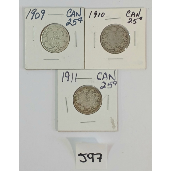 LOT OF 3 - 1909-1911 CDN 25 CENT SILVER COINS