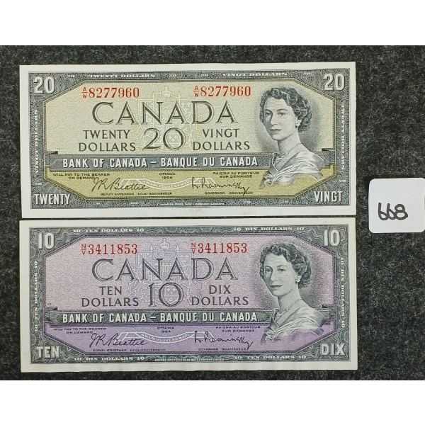 LOT OF 2 - 1954 CDN $20 & 10 BANKNOTES