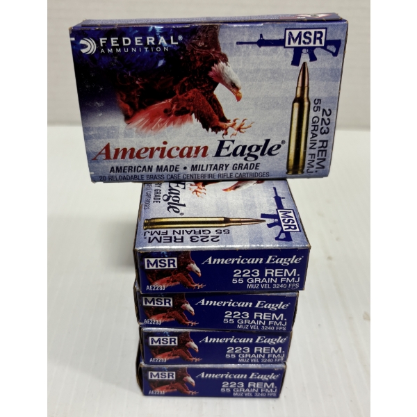 AMMO: 100 X FEDERAL AMERICAN EAGLE .223 FMJ - 55 GR - SEALED