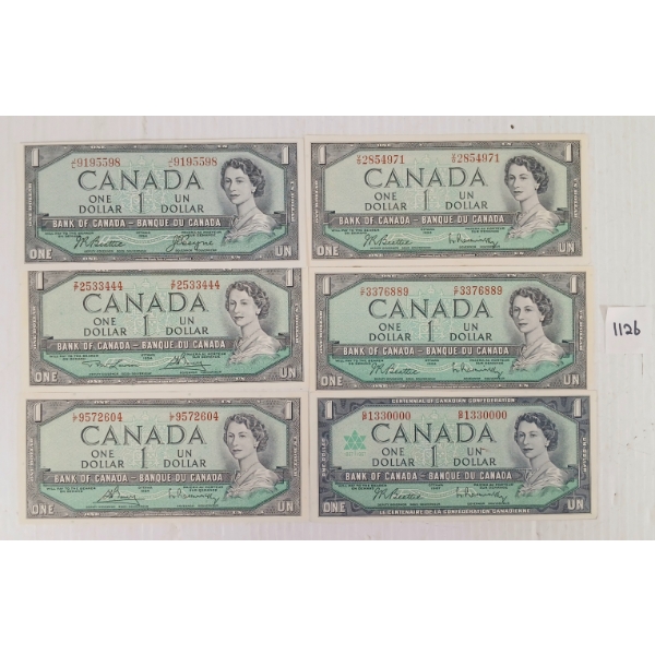 LOT OF 6 - 1954 CDN $1 BANKNOTES