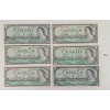 LOT OF 6 - 1954 CDN $1 BANKNOTES
