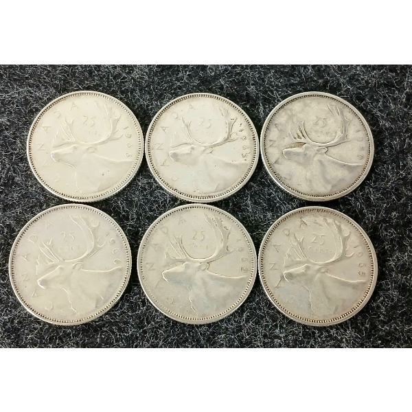 LOT OF 6 - 1959-1966 CDN 25 CENT COINS