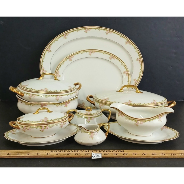 LOT OF 9 - LIMOGES FRANCE ELITE WORKS PINK ROSE & GOLD CHINA - INCL CASSEROLE DISH, GRAVY DISH, ETC