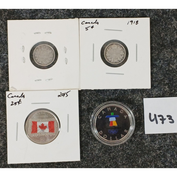LOT OF 4 - 1891-2015 CDN 5, 25 CENT & DOLLAR - INCL 2010 VANCOUVER STERLING SILVER  LUCKY LOONIE 