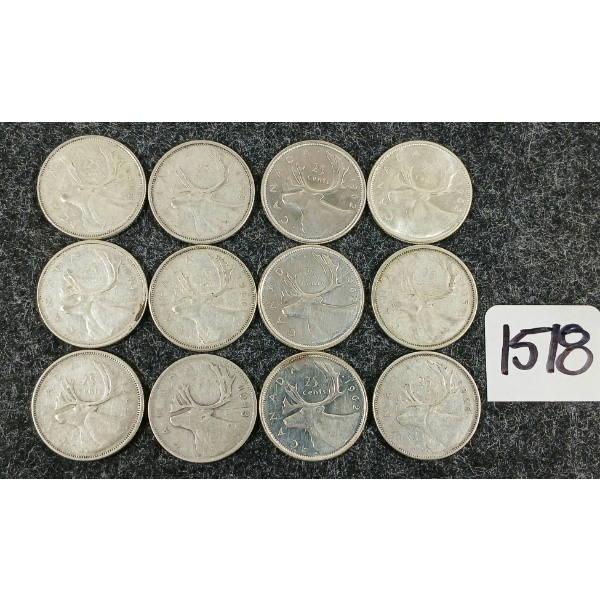 LOT OF 12 - 1943-1966 CDN 25 CENT COINS