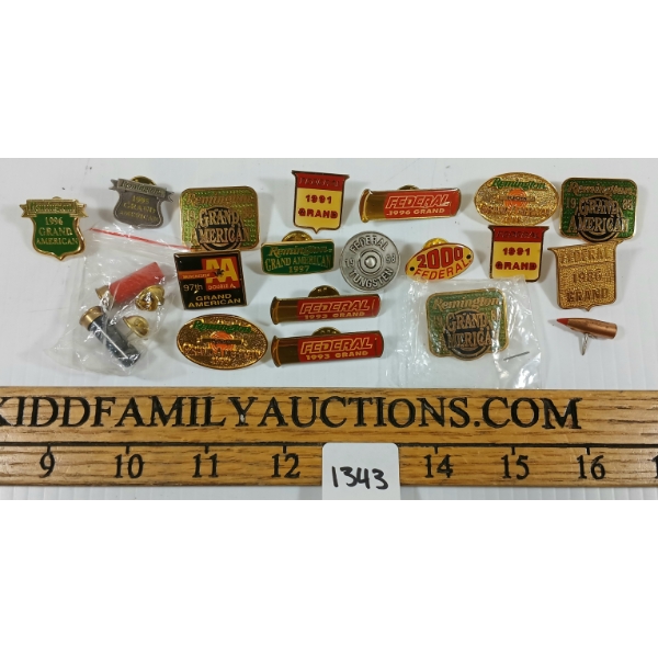 QTY OF MISC HUNTING / AMMO PINS - INCL FEDERAL, REMINGTON, ETC 