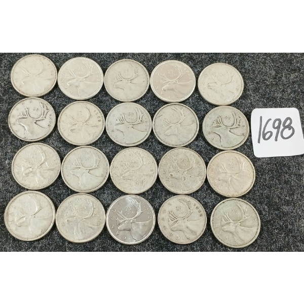 LOT OF 20 - 1937-1968 CDN 25 CENT COINS