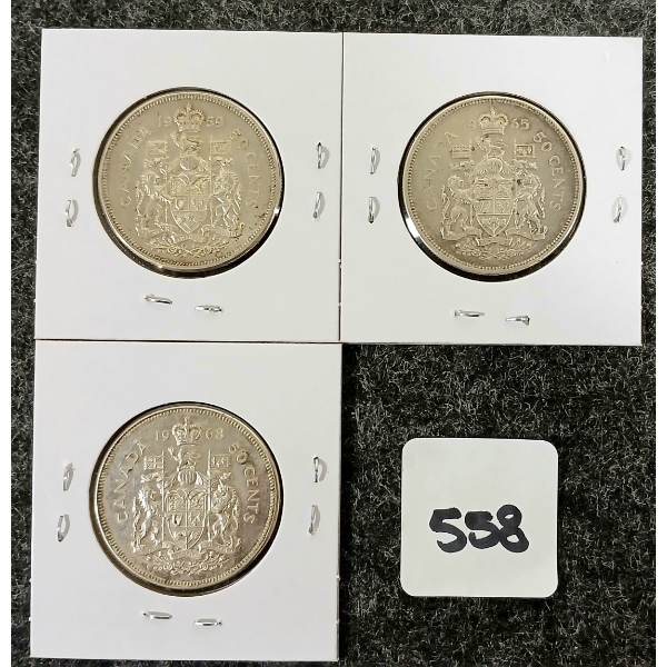LOT OF 3 - 1959-1965 CDN SILVER 50 CENT COINS